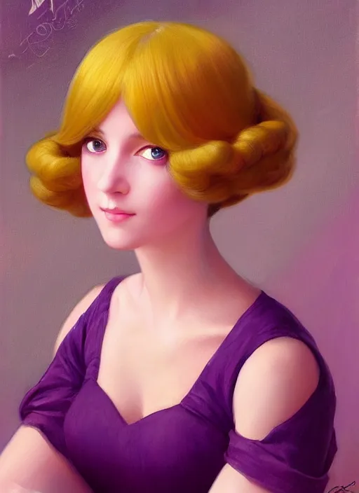 Prompt: princess peach, brown hair, bob cut, yellow highlights, bright purple ball gown, beautiful face, oil on canvas, art station, beautiful brown eyes, by j. c. leyendecker and edmund blair leighton and charlie bowater, beautiful face, octane, very aesthetic, stunning beautiful brown eyes