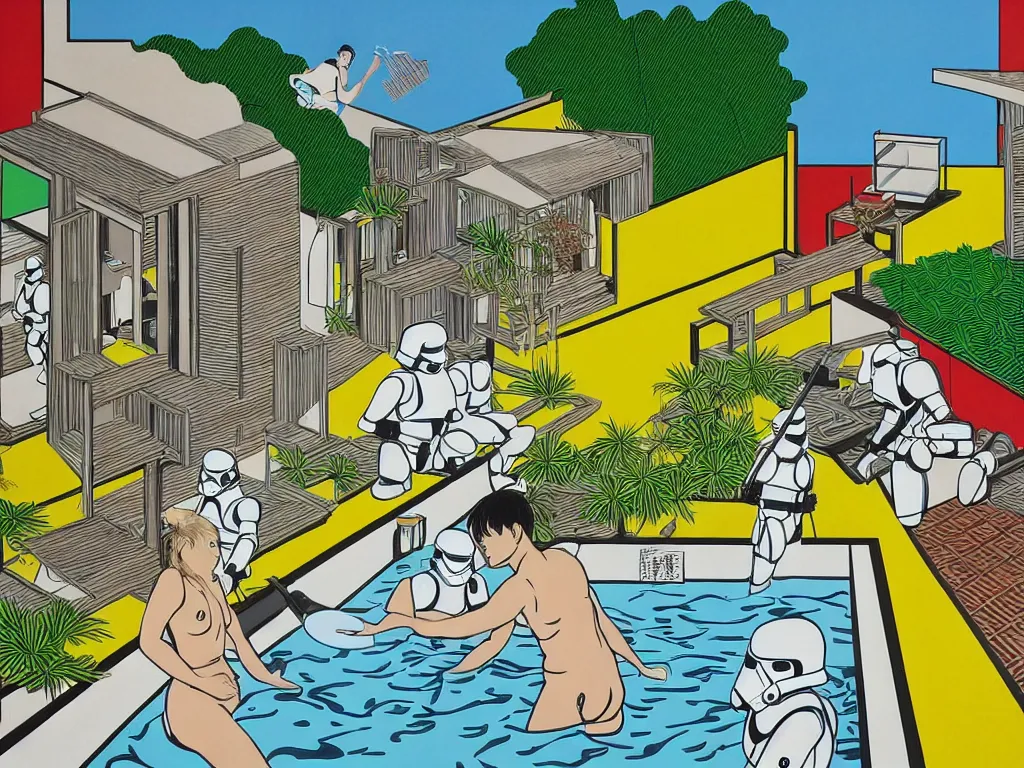 Image similar to hyperrealism composition of the japanese house with a hot springs in the garden, two detailed stormtroopers bathe in a hot spring, pop - art style, jacky tsai style, andy warhol style, roy lichtenstein style, acrylic on canvas