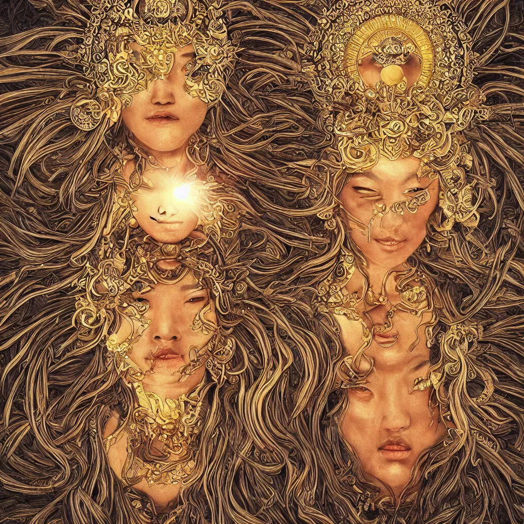 Image similar to hyper realistic portrait photo of ameterasu the sun goddess of japan, portrait shot, intricate detail