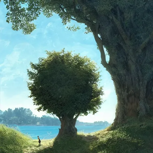 Prompt: A boy standing next to a tree looking at the blue sky with a beautiful river in front of him, Graceful body structure,cute,Symmetrical face,highly detailed,elegant,Marc Simonetti and Caspar David Friedrich, Trending on artstation