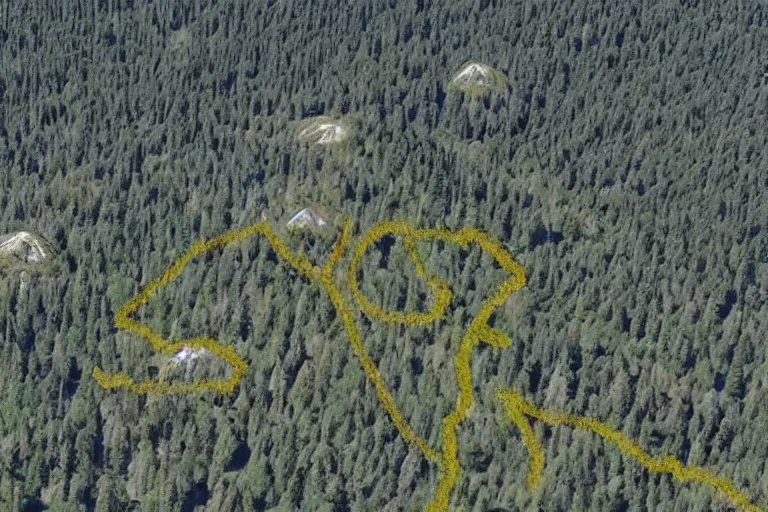 Image similar to the cascadian hilltops marked with alien symbols, news footage from helicopter perspective