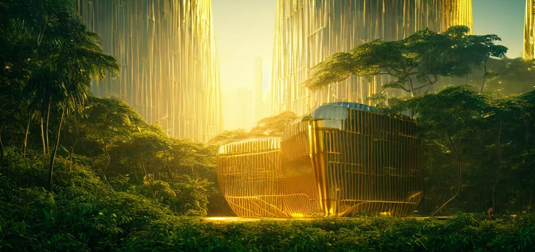 Image similar to futuristic shinny golden building in an jungle landscape of a biopunk city by taras shevchenko, movie poster, golden ratio, evening lighting, film still, realistic, octane render redshift arnold materials unreal engine, 8 k post production, hyper detailed