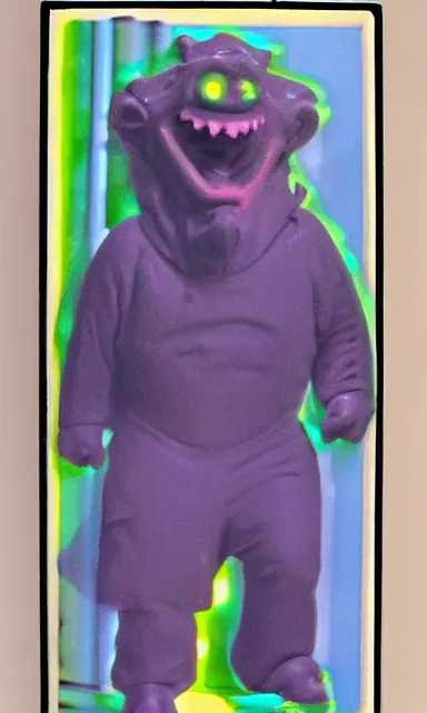 Image similar to colorful crystal gary busey creature, 9 0 s toy commercial, photo from the 7 0 s, horror lighting, neon lighting, polaroid photo,