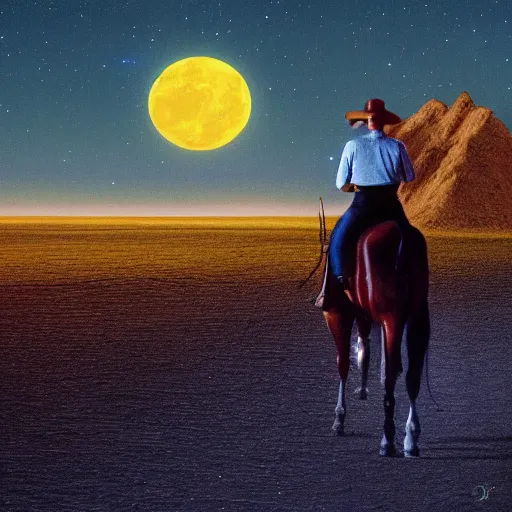 Prompt: A man riding a horse into the night by Roger Dean, blue hour, 8K concept art, shot on Kodak Ektar