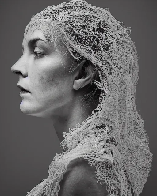 Prompt: a woman's face in profile, made of intricate decorative lace skeleton, in the style of the dutch masters and gregory crewdson, dark and moody