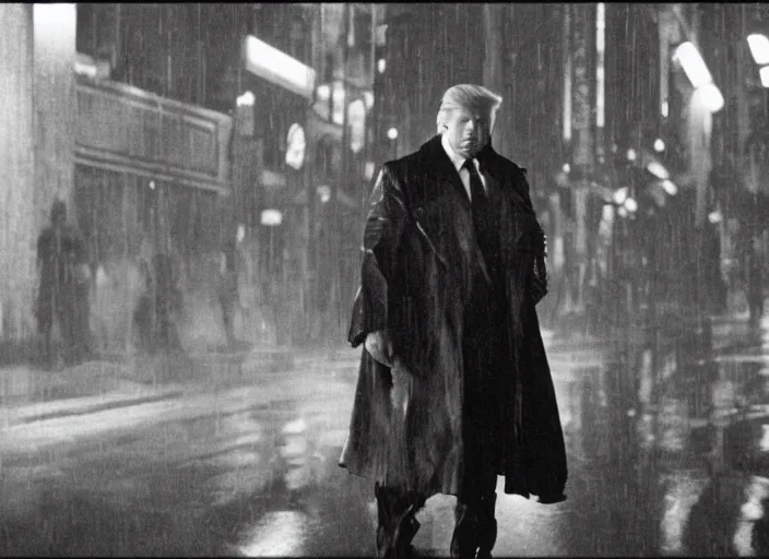 Prompt: film still donald trump wearing leather coat as a detective in blade runner, 8 k by alphonse mucha