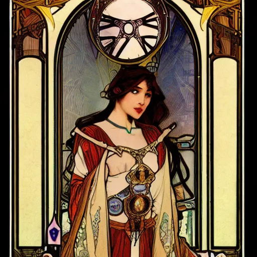 Image similar to the priestess of tarot by alphonse maria mucha, steampunk, 8 k, - h 1 0 8 0