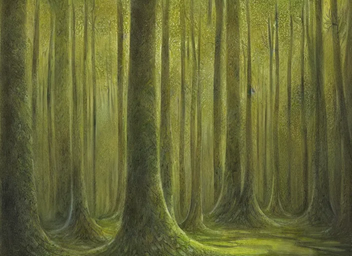 Prompt: A lush, green forest with tall trees and a soft, loamy earth beneath your feet, Zdzislaw Beksinski, high definition, digital art, matte painting, very detailed, realistic