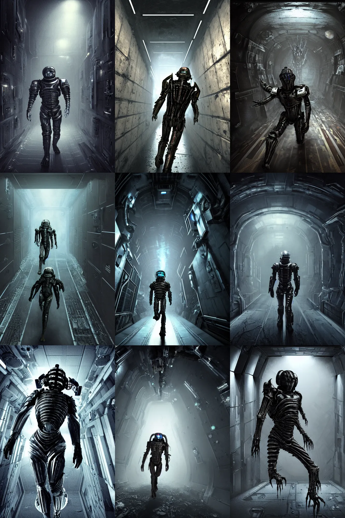 Prompt: horror movie scene of an individual in futuristic armor being chased down a hallway, running through a deep space mining space station designed by hr giger, rusty metal walls, broken pipes, side angle, dark colors, muted colors, tense atmosphere, mist floats in the air, amazing value control, dead space, moody colors, dramatic lighting, ussg ishimura, frank frazetta,