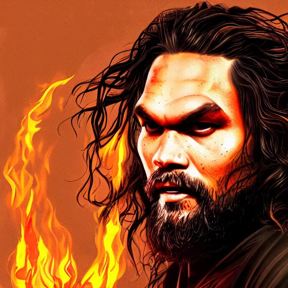 Image similar to digital painting of jason momoa on fire. portrait. ArtStation. Rule of thirds. Silouette. Pain. Marco Bucci.