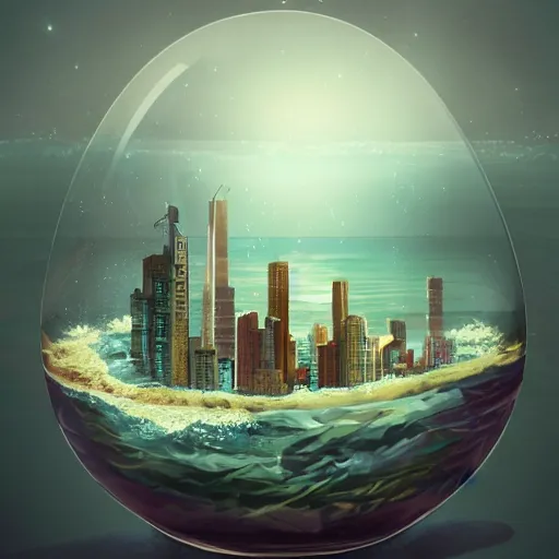 Prompt: a city inside a bottle, floating in the sea, digital art, trending on artstation