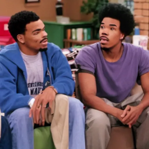 Image similar to a tv still of Chance The Rapper starring as a black college student at Jones College Prep in a 1993 sitcom