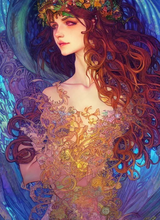 Image similar to Nature Goddess, ambient lighting, 4k, josephine wall, alphonse mucha, lois van baarle, ilya kuvshinov, rossdraws, artstation