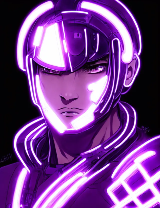 Image similar to a detailed manga portrait of a black haired cyborg man with glowing neon purple lights, trending on artstation, digital art, 4 k resolution, detailed, high quality, sharp focus, hq artwork, coherent, insane detail, character portrait