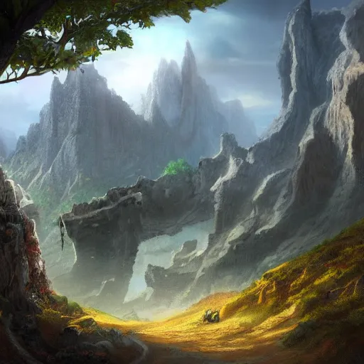 Image similar to a fantasy landscape, epic, concept art, 3 d, david noren, belzinski