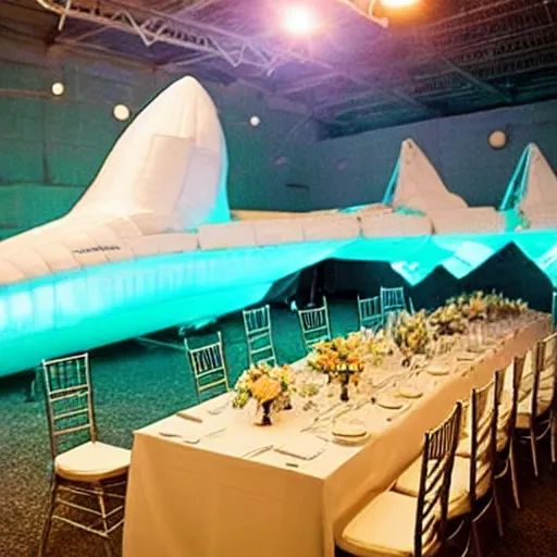 Image similar to underwater wedding reception gets destroyed by spaceship shaped as a banana