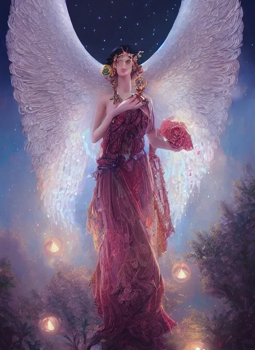 Image similar to A beautiful digital painting of a female angel full of jewels, princess, the moon behind her, intricate, cinematic lighting, highly detailed, digital painting, Artstation, concept art, smooth, sharp focus, illustration, art by Tom Bagshaw, Artgerm and Greg Rutkowski