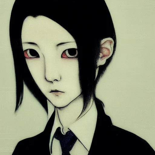 Image similar to yoshitaka amano blurred and dreamy realistic three quarter angle horror portrait of a sinister young woman with short hair, big earrings and white eyes wearing office suit with tie, black and white junji ito abstract patterns in the background, satoshi kon anime, noisy film grain effect, highly detailed, renaissance oil painting, weird portrait angle, blurred lost edges