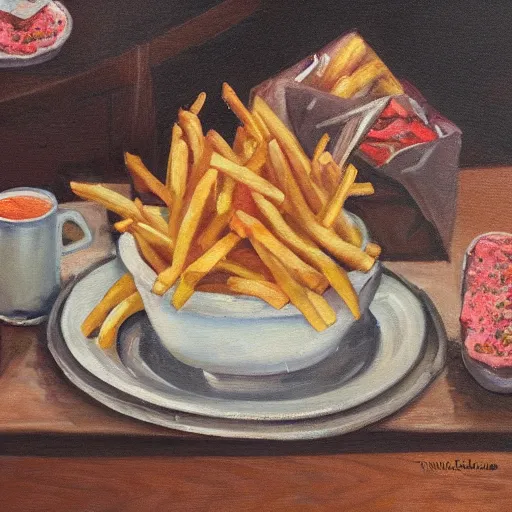 Prompt: an oil painting of a living potato with tatoos eating fries