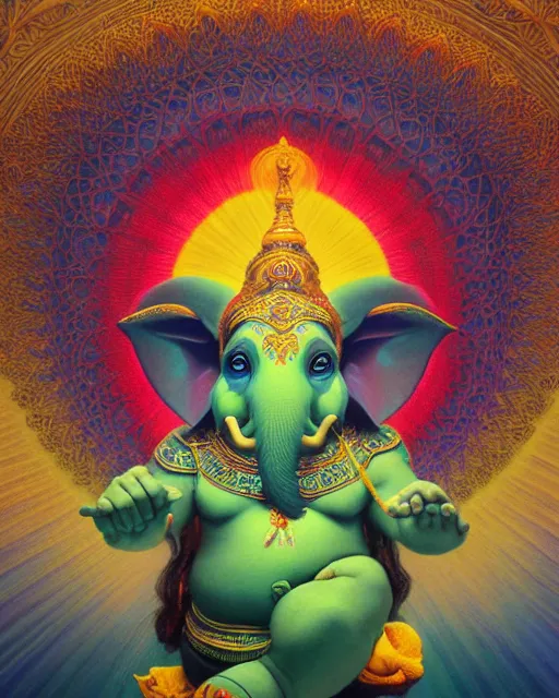 Image similar to psychedelic ganesh of the cosmos, coherent design, symmetrical, concept art, vivid color, complementary color, golden ratio, detailed, sharp lines, intricate, rainbowshift, by maxfield parrish, by peter mohrbacher, by gustave dore, by alphonse mucha, deviantart, octane render