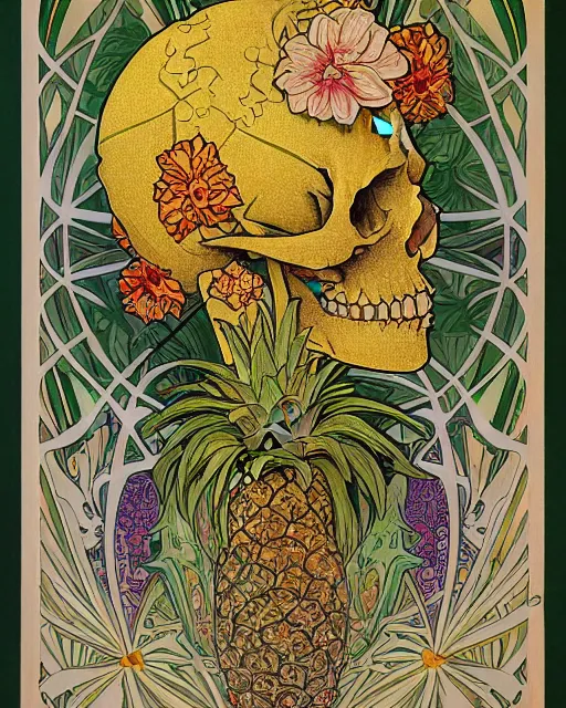 Image similar to a poster of a Carved ancient skull with pineapple leaves growing out of the top art surrounded by varities of flowers, cell shading, voronoi, fibonacci sequence, sacred geometry by Alphonse Mucha, Moebius, hiroshi yoshida, Art Nouveau, colorful, ultradetailed, vivid colour, 3d