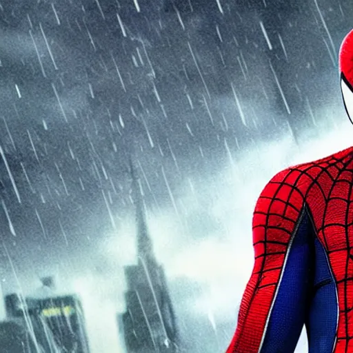 Image similar to bruce willis as unmask spiderman, rain background, an film still