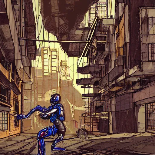 Prompt: nimble cybernetic exoskeleton running at an angle through a dilapidated cityscape drawn by Kevin siembada