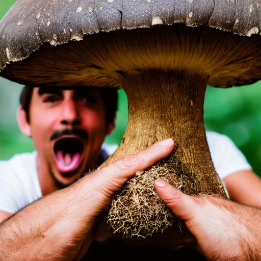 Image similar to photo of mario finding a giant mushroom, exhilarated, portrait, closeup. mouth open, 30mm, bokeh