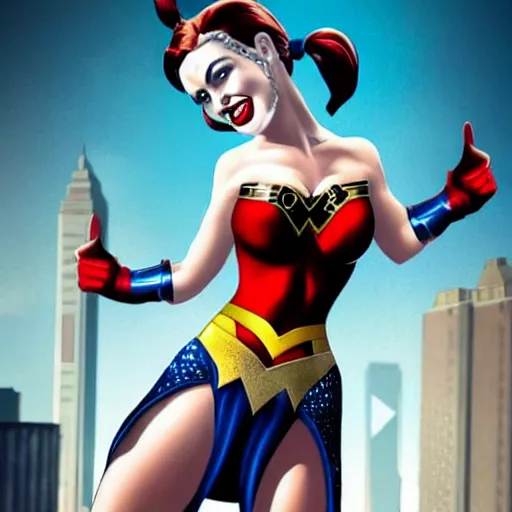 Image similar to perfectly-centered-full-shot photo of Harley Quinn kissing Wonder Woman, Pinup Girl Poster, looking out towards gotham city, big bust, intricate, elegant, super highly detailed, professional digital painting, artstation, concept art, smooth, sharp focus, no blur, no dof, extreme illustration, Unreal Engine 5, 8K, art by artgerm and greg rutkowski and alphonse mucha and loish and WLOP
