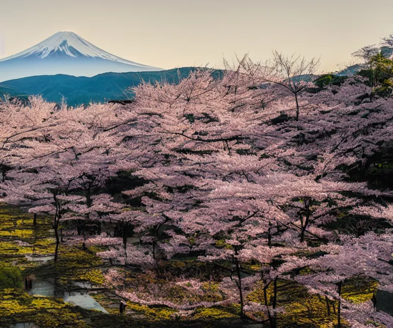 Image similar to a photo of mount fuji, japanese ladscapes, rice paddies, sakura trees, seen from a window of a train. cinematic lighting.