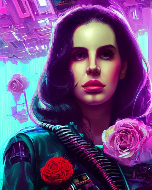 Image similar to portrait of lana del rey as a cyberpunk cyborg. roses, sci - fi, missing panels, intricate abstract upper body intricate artwork, by tooth wu, wlop, beeple, dan mumford. concept art, octane render, deviantart, greg rutkowski, cinematic, key art, hyperrealism, iridescent accents