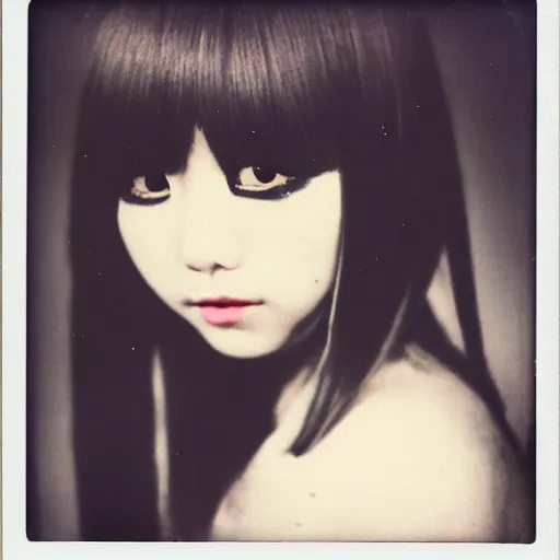 KREA - photograph of a japanese girl with emo makeup and long hair, bangs