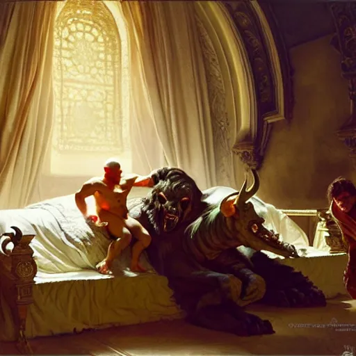 Image similar to the pope is in his bed, nervous and terrified, because a double horned shadow beast from hell is attacking him. highly detailed painting by gaston bussiere, j. c. leyendecker, greg rutkowski, craig mullins 8 k