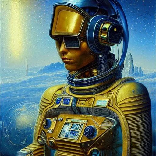 Image similar to cyberpunk astronaut, atmospheric lighting, painted, intricate, golden and blue hour, ultra detailed by peter gric, giger, enki bilal