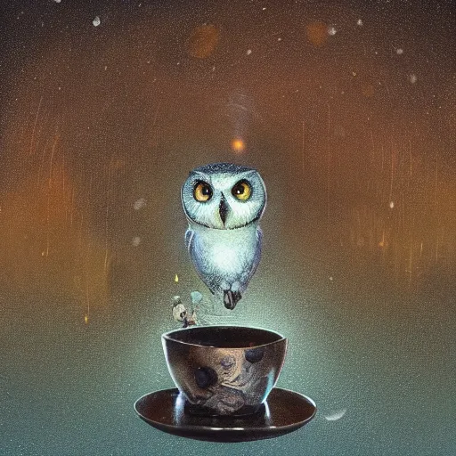 Prompt: long shot of a very cute owl chick nesting in a very futuristic cup, esao andrews, m. w. kaluta, yoshita amano, humorous illustration, hyperrealistic, big depth of field, warm colors, night scenery, low light, 3 d octane render, 4 k, conceptart, hyperdetailed, hyperrealistic, trending on artstation