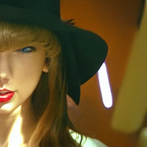 Prompt: Taylor Swift cosplaying as Alex from Clockwork Orange, eyes wide open