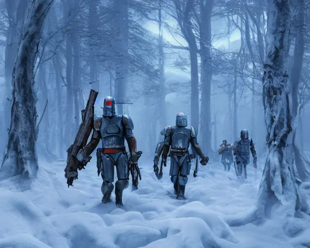 Image similar to jango fett is surrounded by 2 0 dead corpses bodies with blood on the ground in a snow forest, concept art highly detailed, great cinematic lighting, octane render, 8 k, depth of field, 3 d, art by greg rutkowski, trending on artstation, cinematographic shot