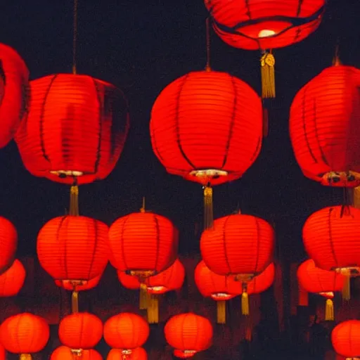 Image similar to night club, five red chinese lanterns, people's silhouettes close up, minimalism, by edward hopper