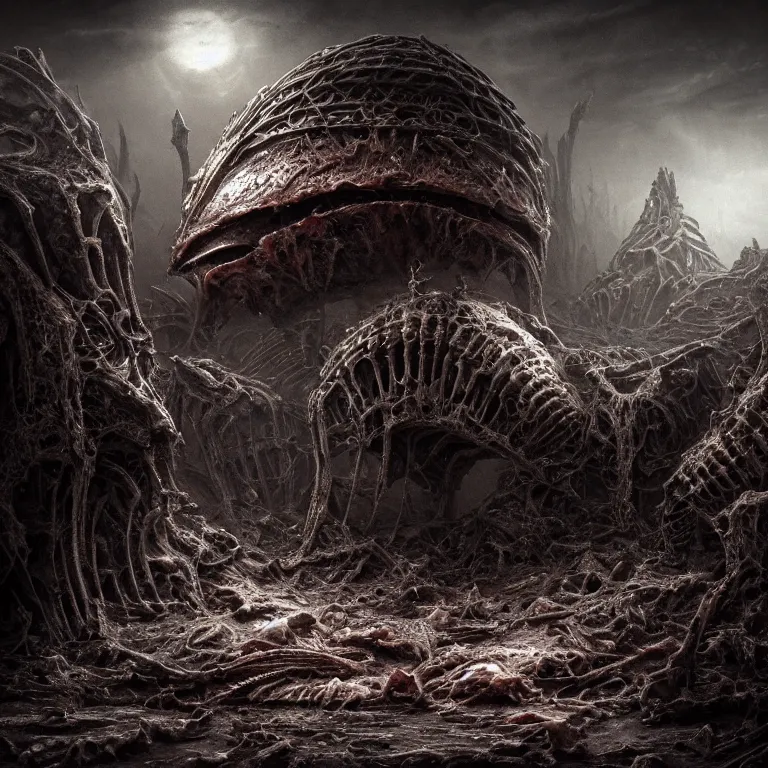 Image similar to ribbed abandoned biomechanical organic crashed spaceship Sauron armor on exoplanet in a desolate empty wasteland, covered with organic flesh, meat, creepy, nightmare, dream-like heavy atmosphere, surreal abandoned buildings, baroque painting, beautiful detailed intricate insanely detailed octane render trending on Artstation, 8K artistic photography, photorealistic, chiaroscuro, cinematic volumetric light, Raphael, Caravaggio, Beksinski, Giger