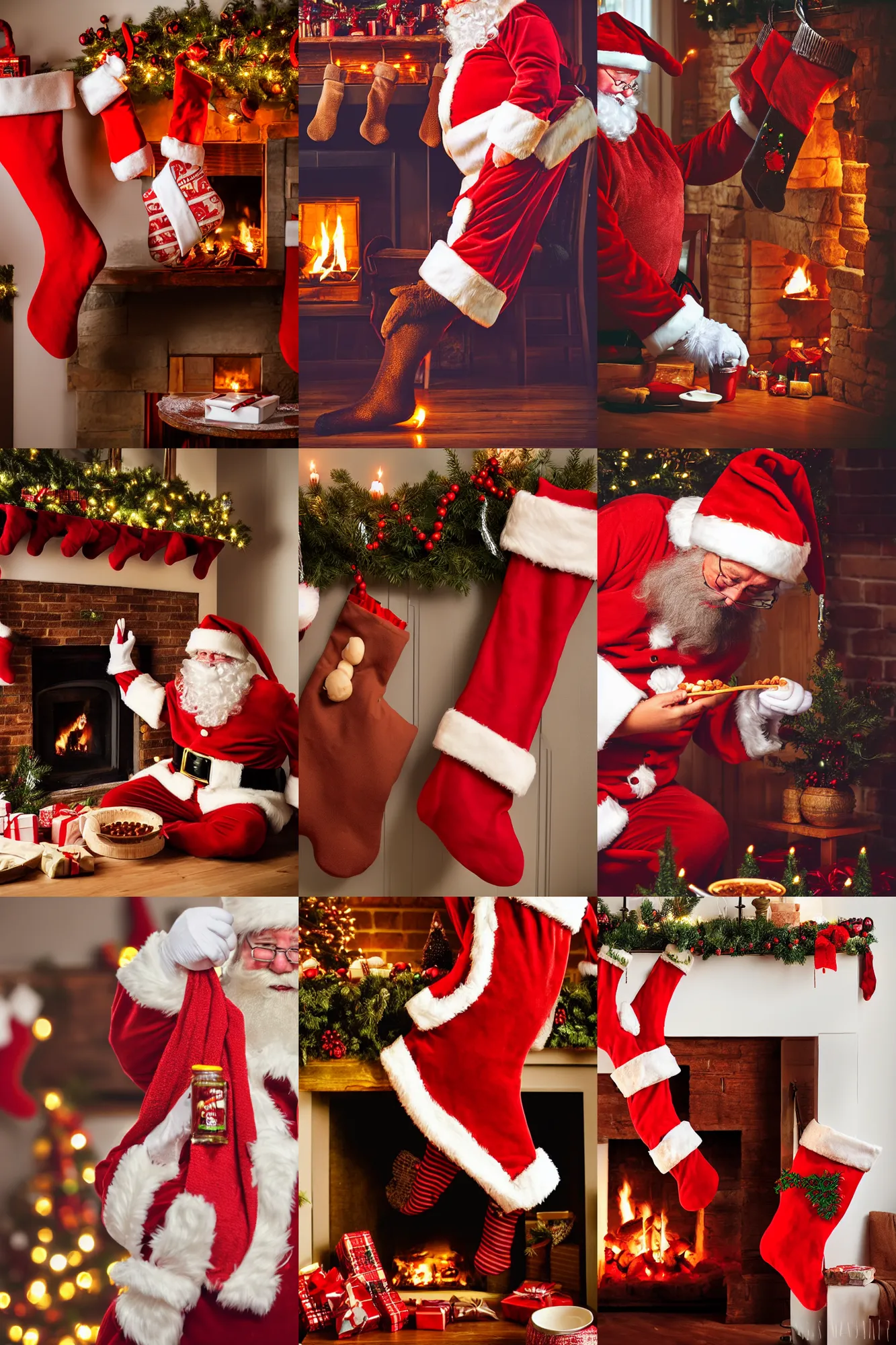 Prompt: santa clause pouring baked beans into stockings on christmas eve, warm lighting, inviting atmosphere, photography