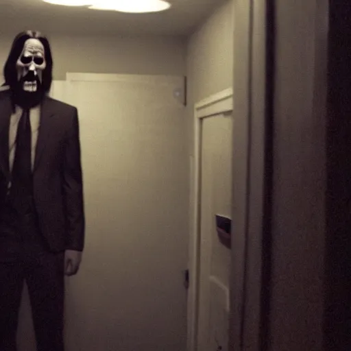 Image similar to grainy photo of john wick as a creepy monster in a closet, harsh flash