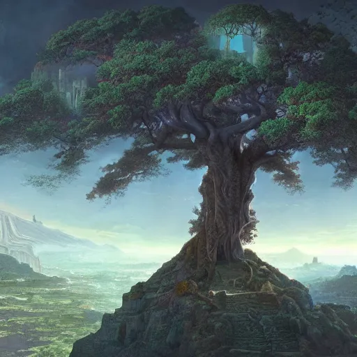 Image similar to gigantic tree on a cliff with ancient city below, above is astral world by quentin mabille