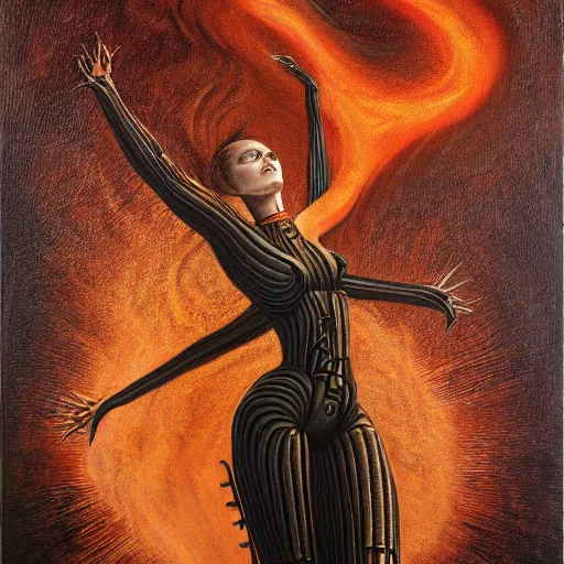 Prompt: a woman dancing with fire by h.r. giger, alex gray and jeffrey smith and h.r. giger, oil on canvas, 8k highly professionally detailed, trending on artstation