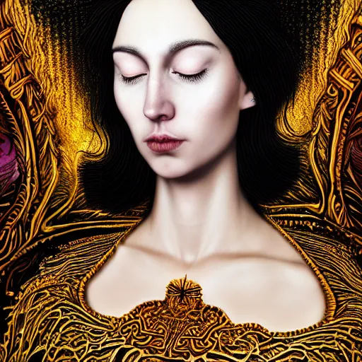 Prompt: portrait ultra dimensional of a beautiful black haired woman with pale skin and a crown on her head sitted on an intricate metal throne entity, accidentally tripping on dmt and acid, psychedelic experience, overwhelming psychosis of self realization and burning awakening, ultra high definition, unreal engine 5, hyperrealism, masterpiece composition, by casey weldon, barclay shaw 8 k photorealistic,