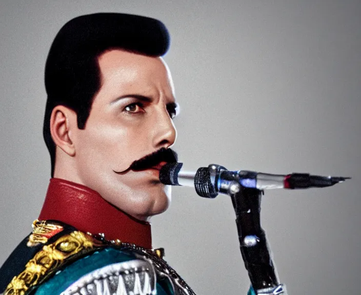 Image similar to 4 k hd, high detail photograph of freddy mercury, shot with sigma f / 4. 2, 2 5 0 mm sharp lens, wide shot, consistent, isometric view, volumetric lighting, high level texture render