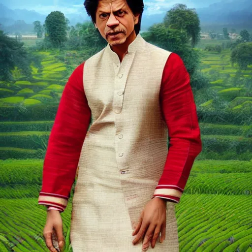 Prompt: shahrukh khan wearing assamese male bihu dress, background: assam tea garden kaziranga, photo by mario testino, elegant, highly detailed, digital painting, artstation, concept art, smooth, sharp focus, illustration, art by artgerm and greg rutkowski and alphonse mucha and loish and WLOP, clear makeup, clean hair, dry skin, clear skin, airbrushed, bright eye makeup, beautiful handsome body, 8k octane render, ray traced, cinematic, hyper detailed, micro details, insanely detailed, trending on artstation, concept art C 10.0