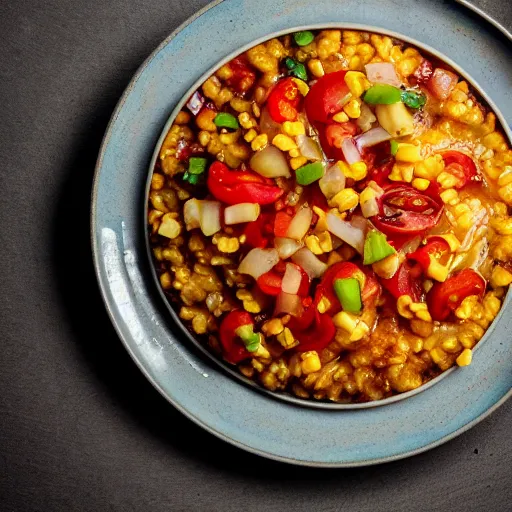 Image similar to A plate of maize porridge with tomato and onion relish, professional photography, 8k, food photography