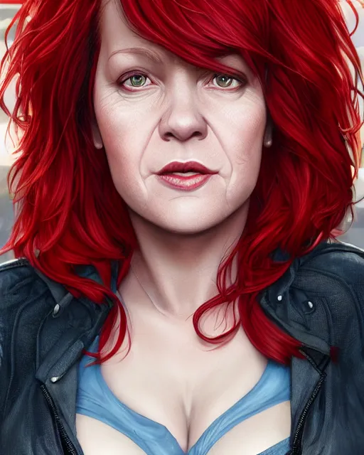 Image similar to portrait of short and plump 5 0 - year - old woman with red hair and, kind face, short hair, hyper realistic face, beautiful eyes, character art, art by mark brooks, hyperdetailed, cryengine, trending on artstation, digital art