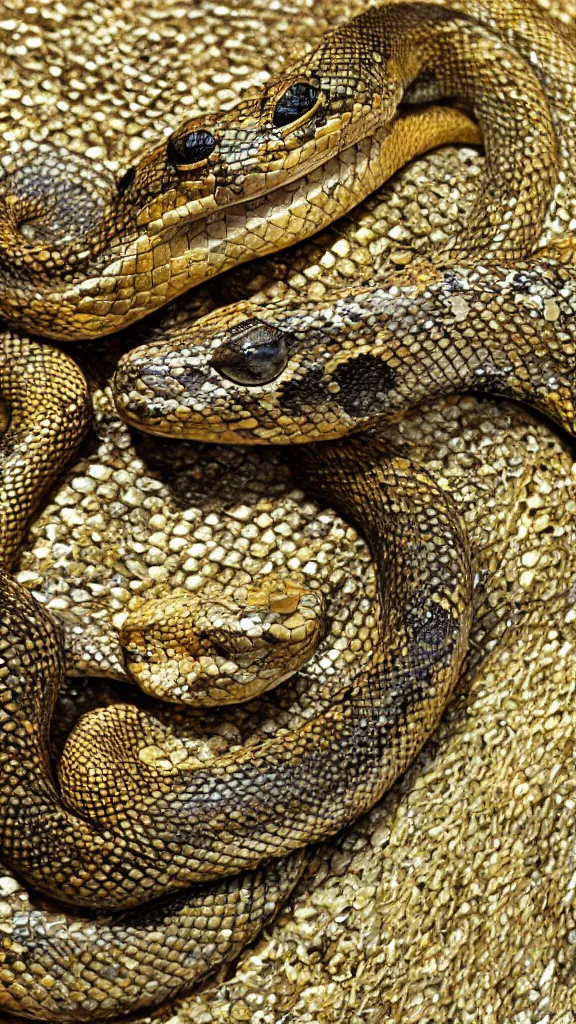 Image similar to a snake made of iron with golden scales. eyes are bright red and it tongue is outside.