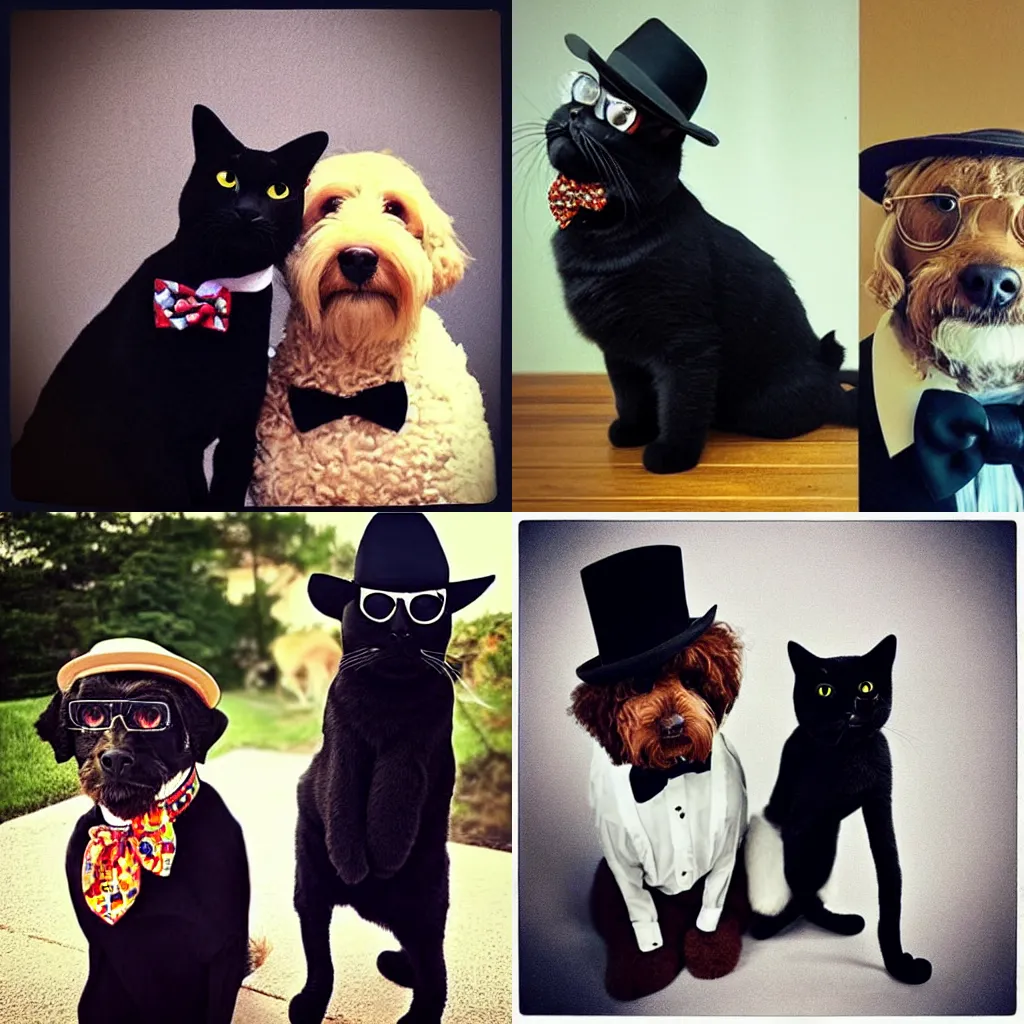 Prompt: “a photo of a labradoodle wearing a bow tie and glasses next to a black cat wearing a fedora.”